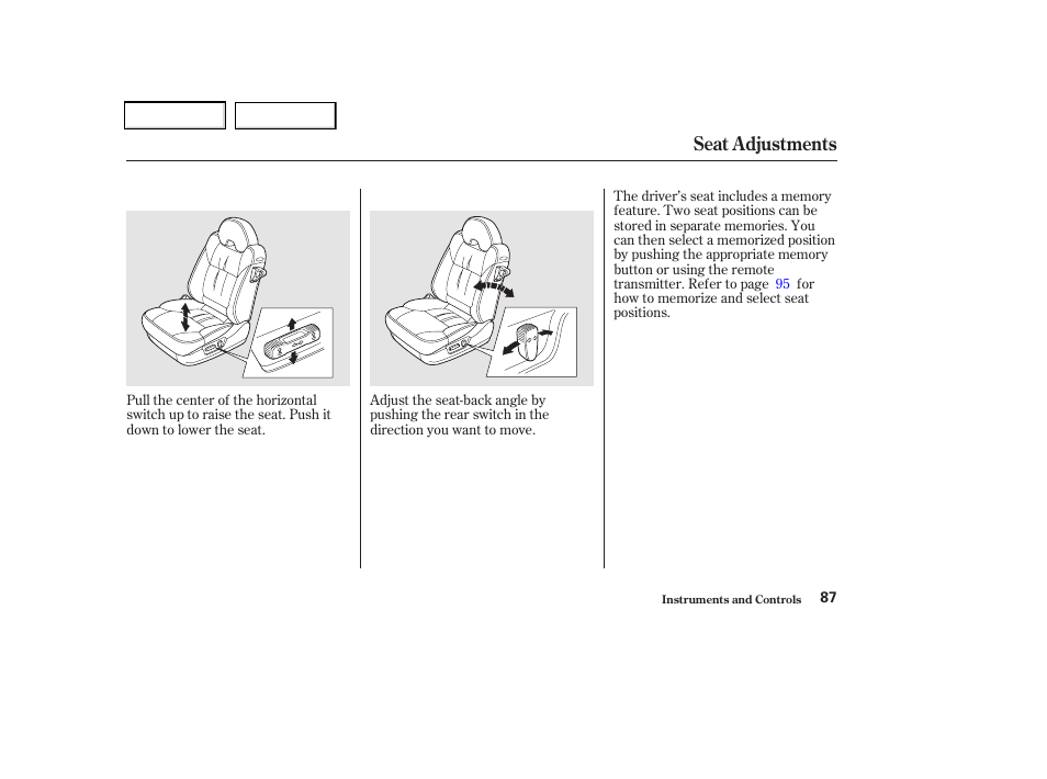 Seat adjustments | Acura 2002 CL - Owner's Manual User Manual | Page 90 / 335