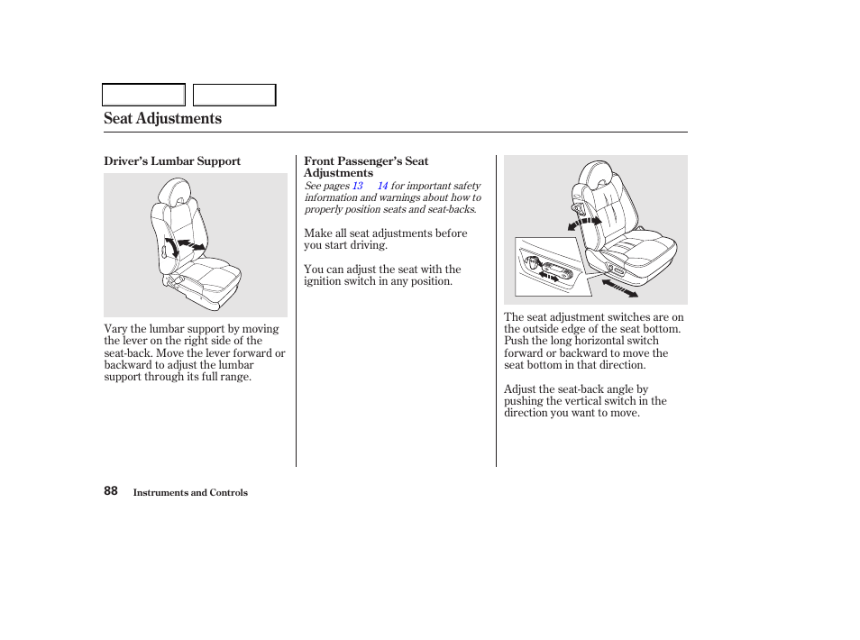 Seat adjustments | Acura 2002 CL - Owner's Manual User Manual | Page 91 / 335