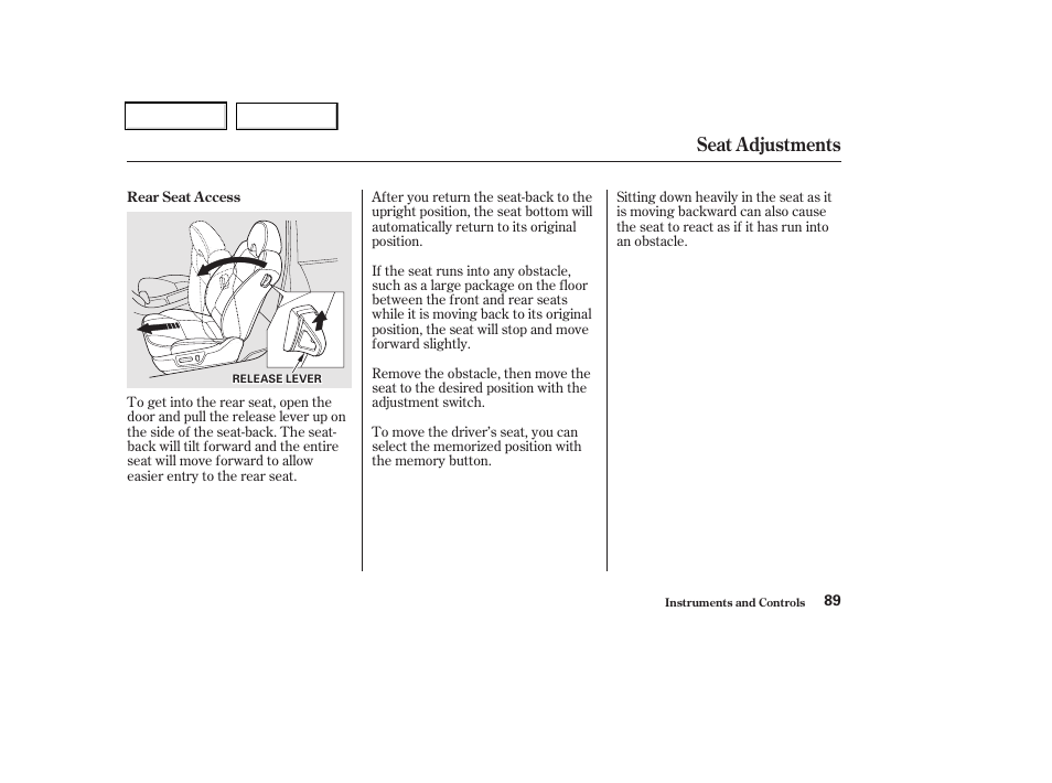 Seat adjustments | Acura 2002 CL - Owner's Manual User Manual | Page 92 / 335