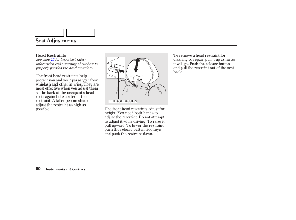 Seat adjustments | Acura 2002 CL - Owner's Manual User Manual | Page 93 / 335