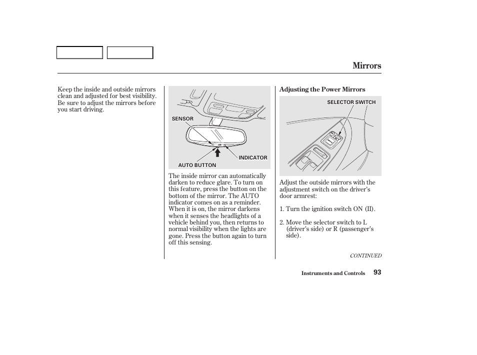 Mirrors | Acura 2002 CL - Owner's Manual User Manual | Page 96 / 335