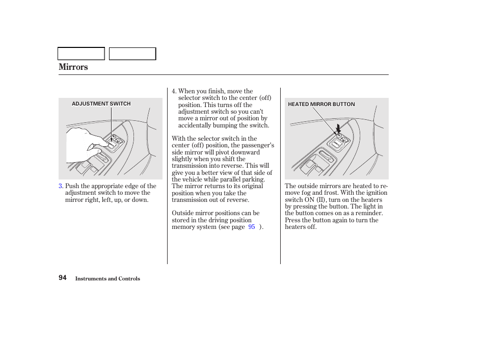 Mirrors | Acura 2002 CL - Owner's Manual User Manual | Page 97 / 335