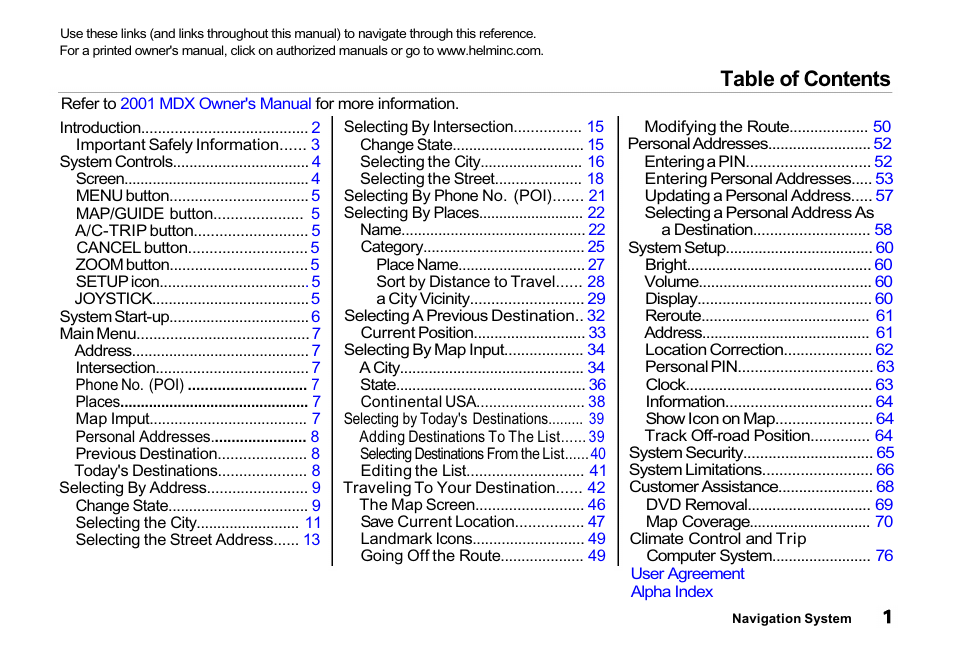 Acura 2001 MDX - Navigation Manual User Manual | 1 page