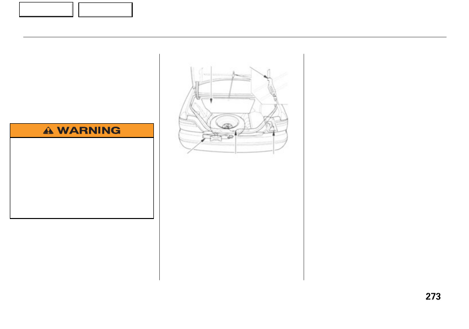 Changing a flat tire | Acura 2001 RL - Owner's Manual User Manual | Page 276 / 333