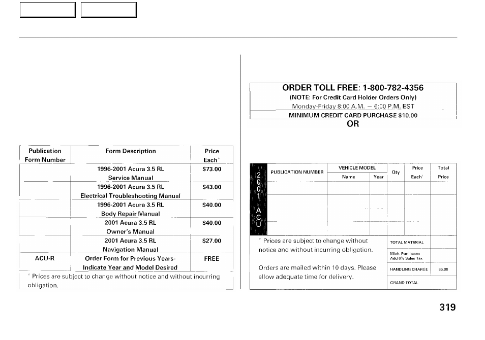 Authorized manuals | Acura 2001 RL - Owner's Manual User Manual | Page 322 / 333