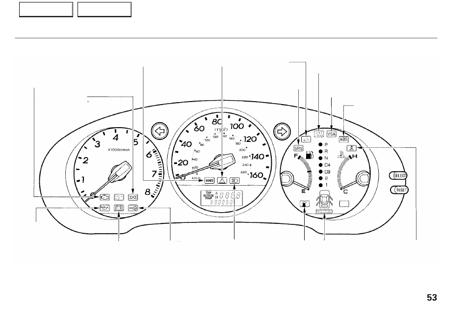 Indicator lights | Acura 2001 RL - Owner's Manual User Manual | Page 56 / 333