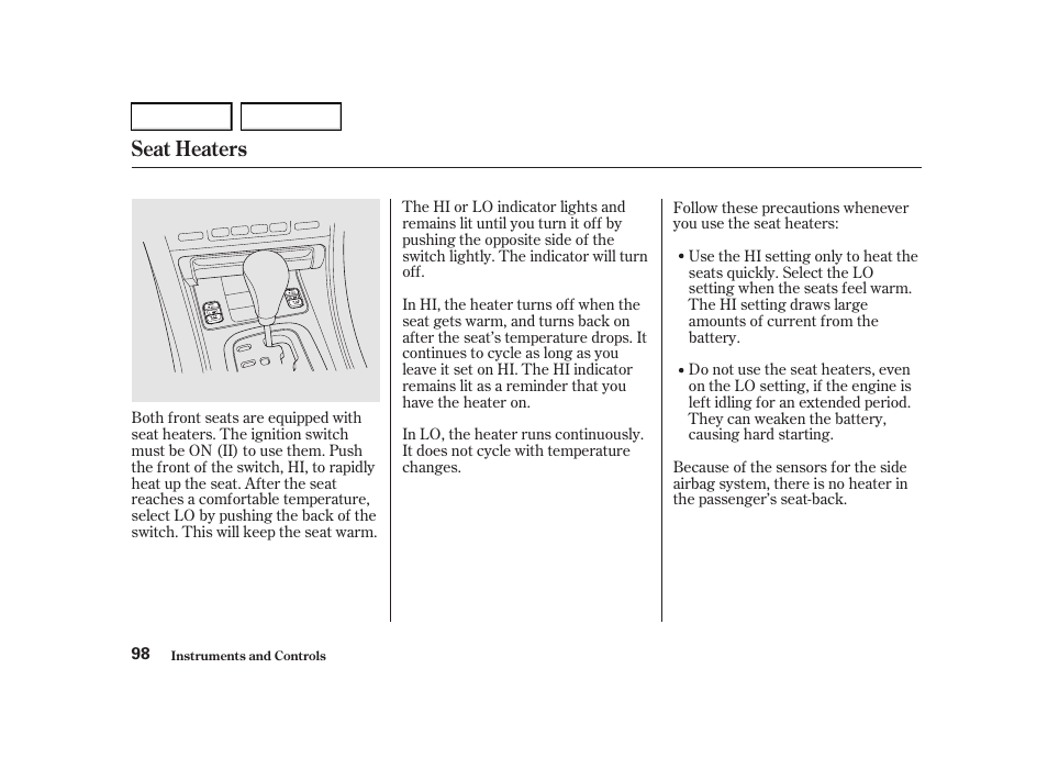 Seat heaters | Acura 2001 TL - Owner's Manual User Manual | Page 101 / 319