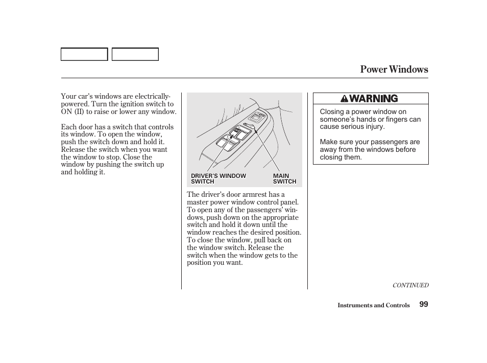 Power windows | Acura 2001 TL - Owner's Manual User Manual | Page 102 / 319