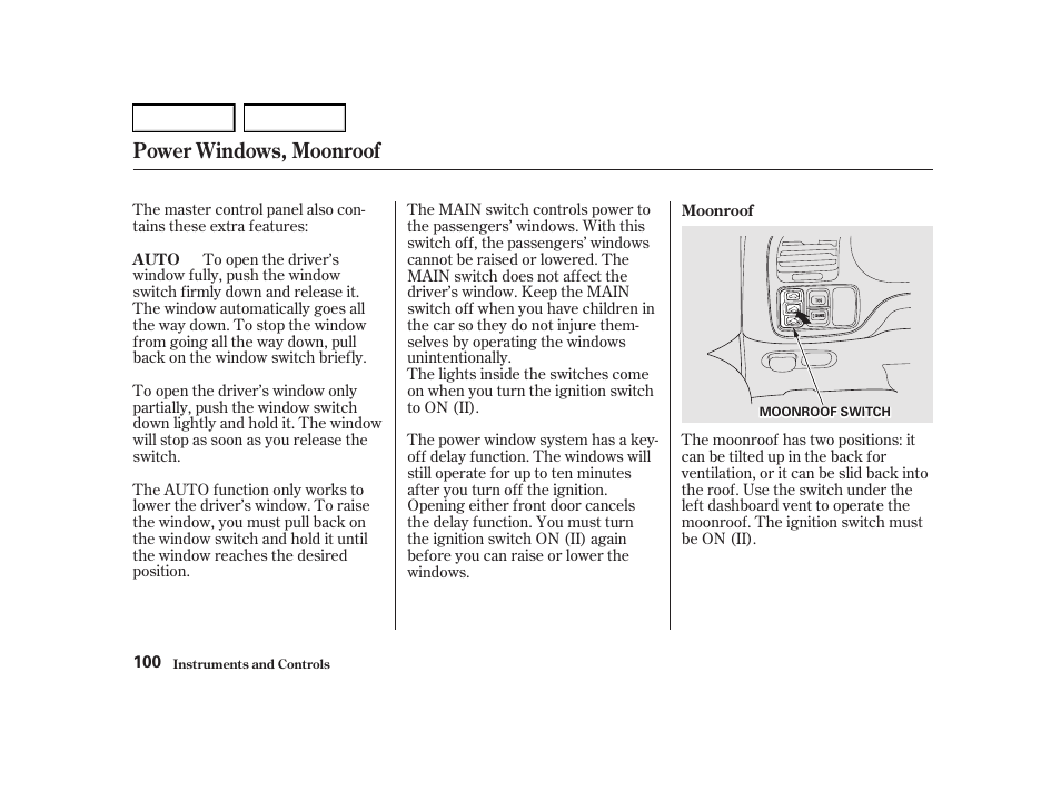 Power windows, moonroof | Acura 2001 TL - Owner's Manual User Manual | Page 103 / 319