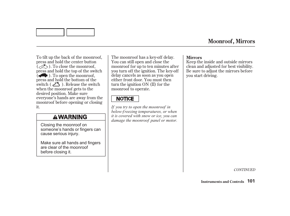 Moonroof, mirrors | Acura 2001 TL - Owner's Manual User Manual | Page 104 / 319