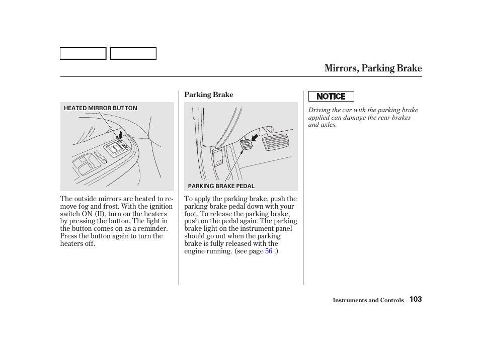 Mirrors, parking brake | Acura 2001 TL - Owner's Manual User Manual | Page 106 / 319