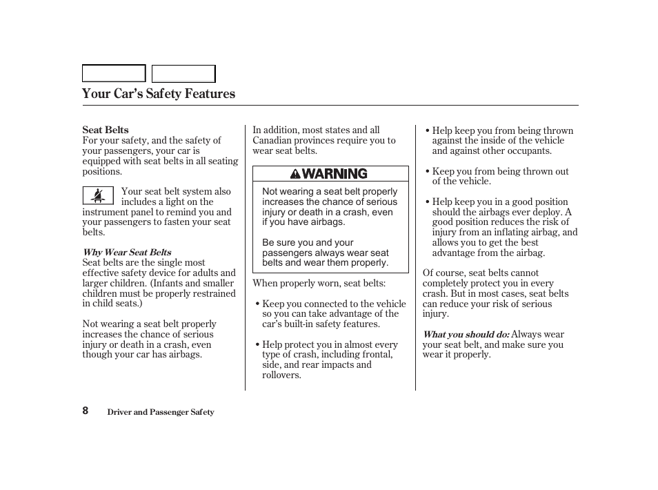 Your car’s safety features | Acura 2001 TL - Owner's Manual User Manual | Page 11 / 319