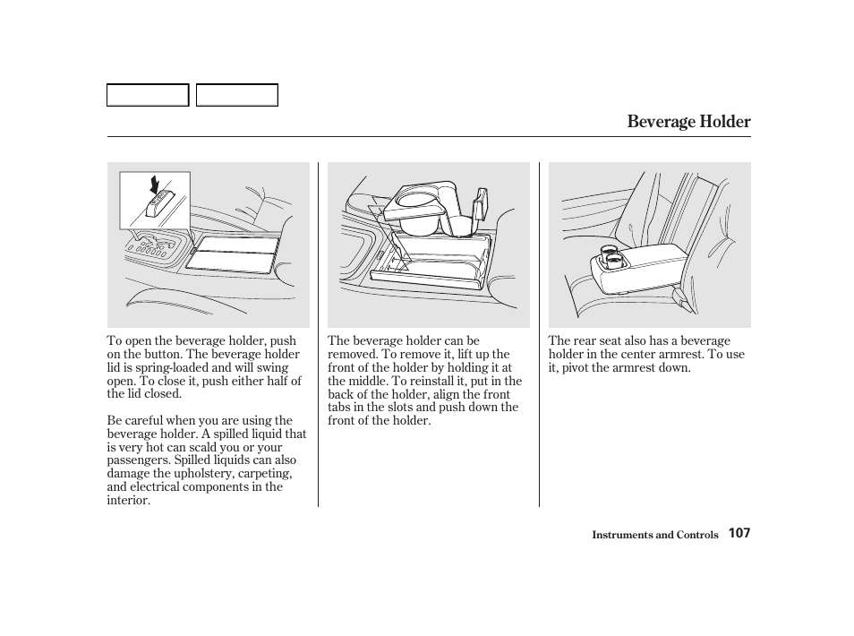 Beverage holder | Acura 2001 TL - Owner's Manual User Manual | Page 110 / 319