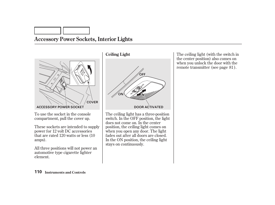 Accessory power sockets, interior lights | Acura 2001 TL - Owner's Manual User Manual | Page 113 / 319