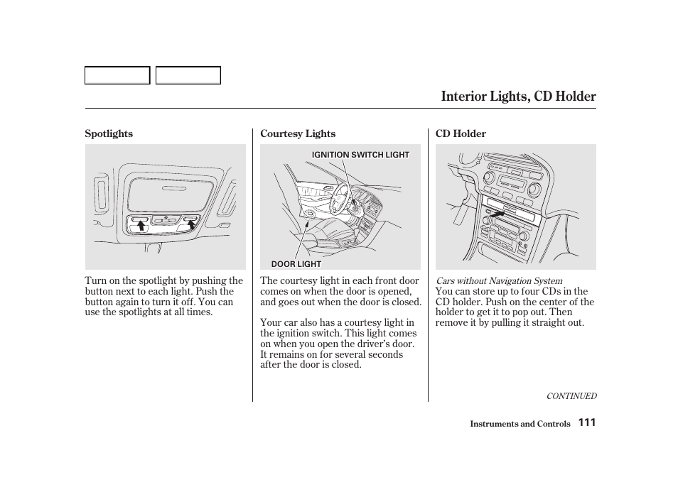 Interior lights, cd holder | Acura 2001 TL - Owner's Manual User Manual | Page 114 / 319