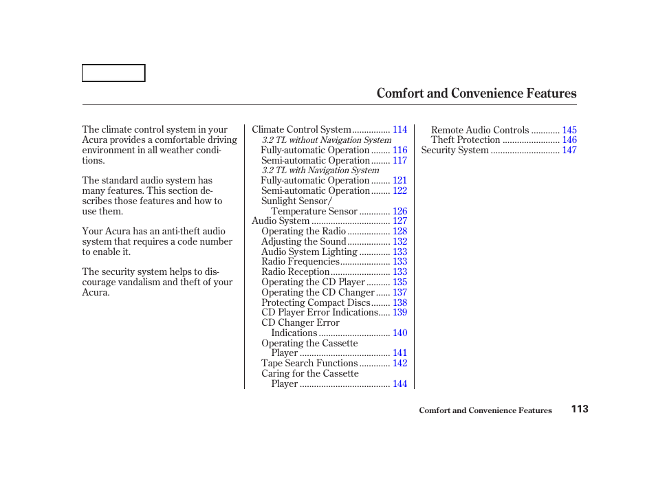 Comfort and convenience features | Acura 2001 TL - Owner's Manual User Manual | Page 116 / 319