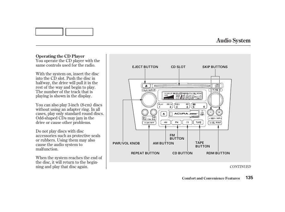 Audio system | Acura 2001 TL - Owner's Manual User Manual | Page 138 / 319