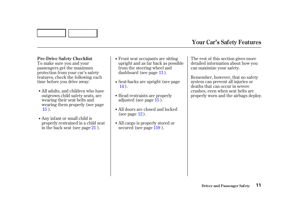 Your car’s safety features | Acura 2001 TL - Owner's Manual User Manual | Page 14 / 319