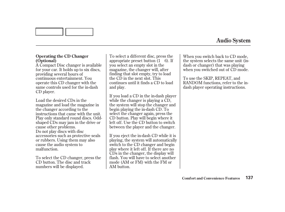 Audio system | Acura 2001 TL - Owner's Manual User Manual | Page 140 / 319