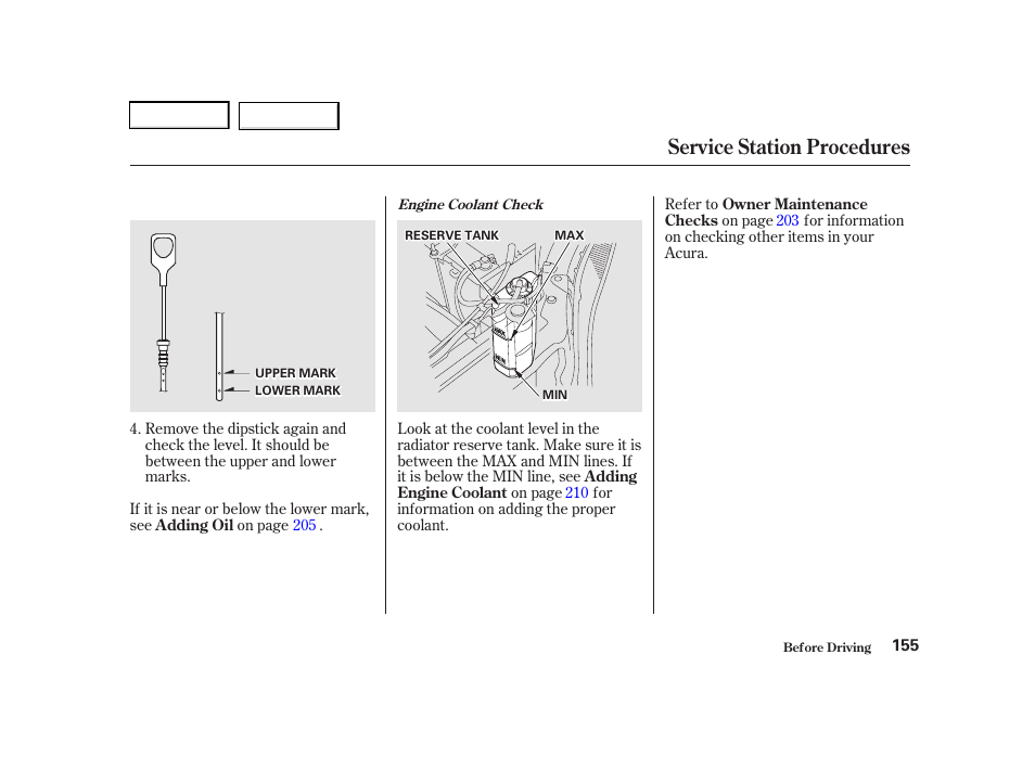 Service station procedures | Acura 2001 TL - Owner's Manual User Manual | Page 158 / 319