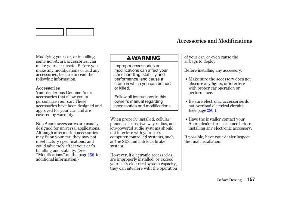 Accessories and modifications | Acura 2001 TL - Owner's Manual User Manual | Page 160 / 319