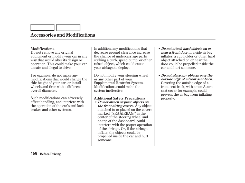 Accessories and modifications | Acura 2001 TL - Owner's Manual User Manual | Page 161 / 319