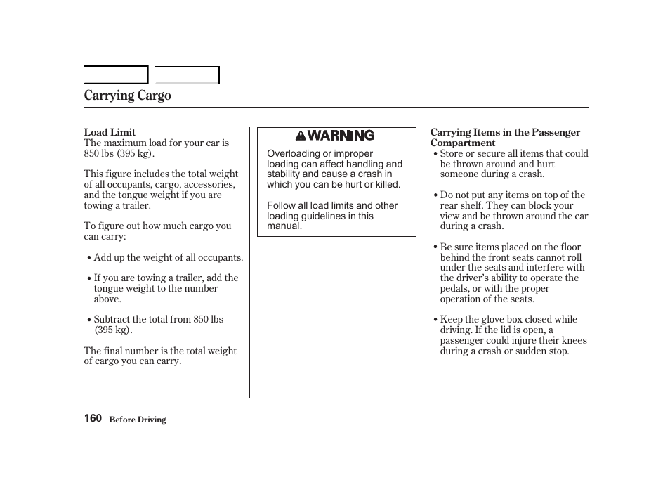 Carrying cargo | Acura 2001 TL - Owner's Manual User Manual | Page 163 / 319