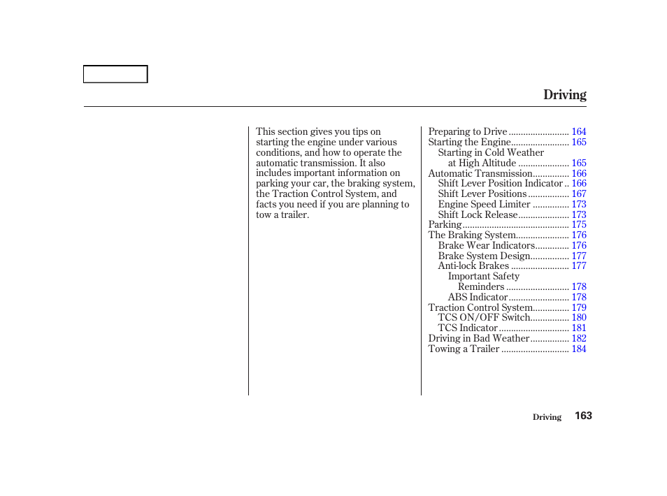 Driving | Acura 2001 TL - Owner's Manual User Manual | Page 166 / 319