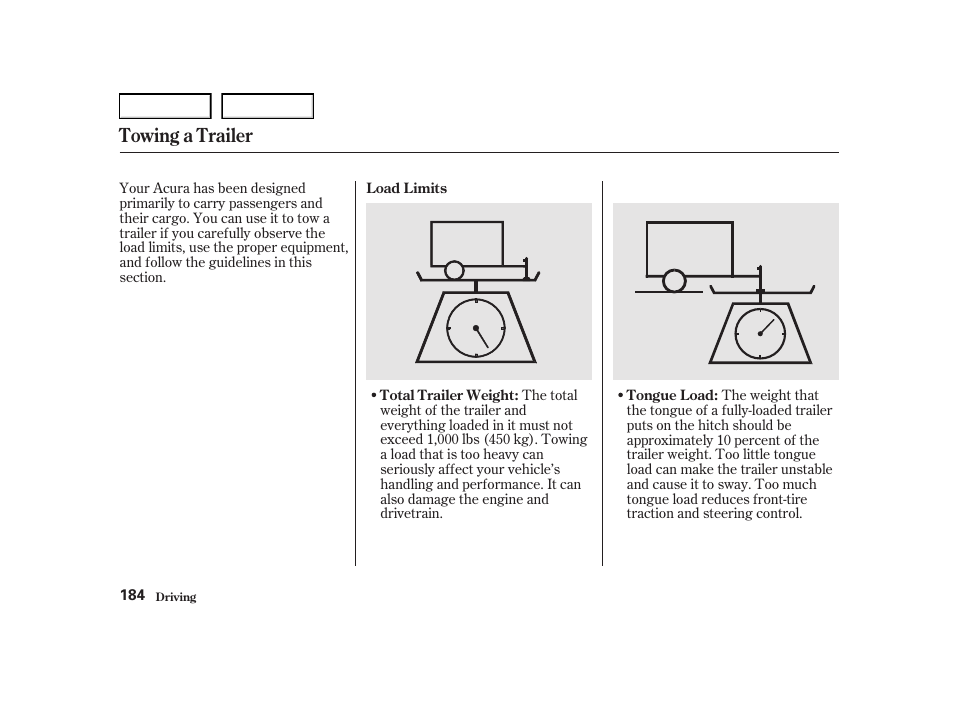 Towing a trailer | Acura 2001 TL - Owner's Manual User Manual | Page 187 / 319