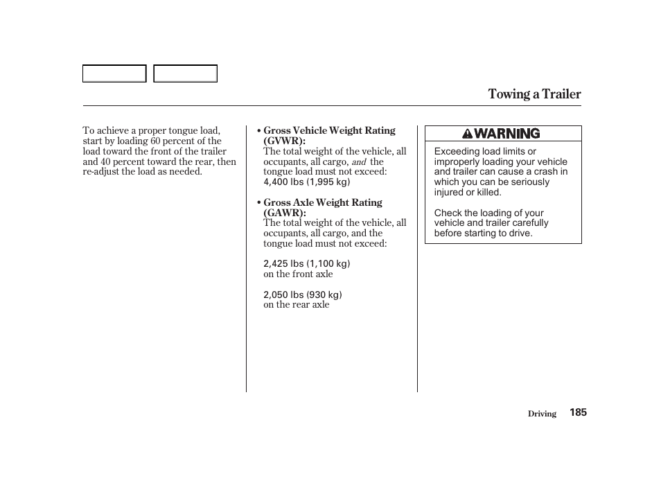 Towing a trailer | Acura 2001 TL - Owner's Manual User Manual | Page 188 / 319