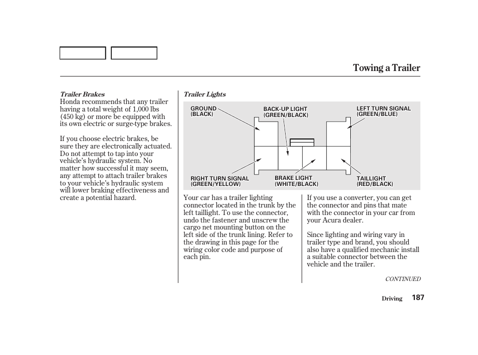 Towing a trailer | Acura 2001 TL - Owner's Manual User Manual | Page 190 / 319