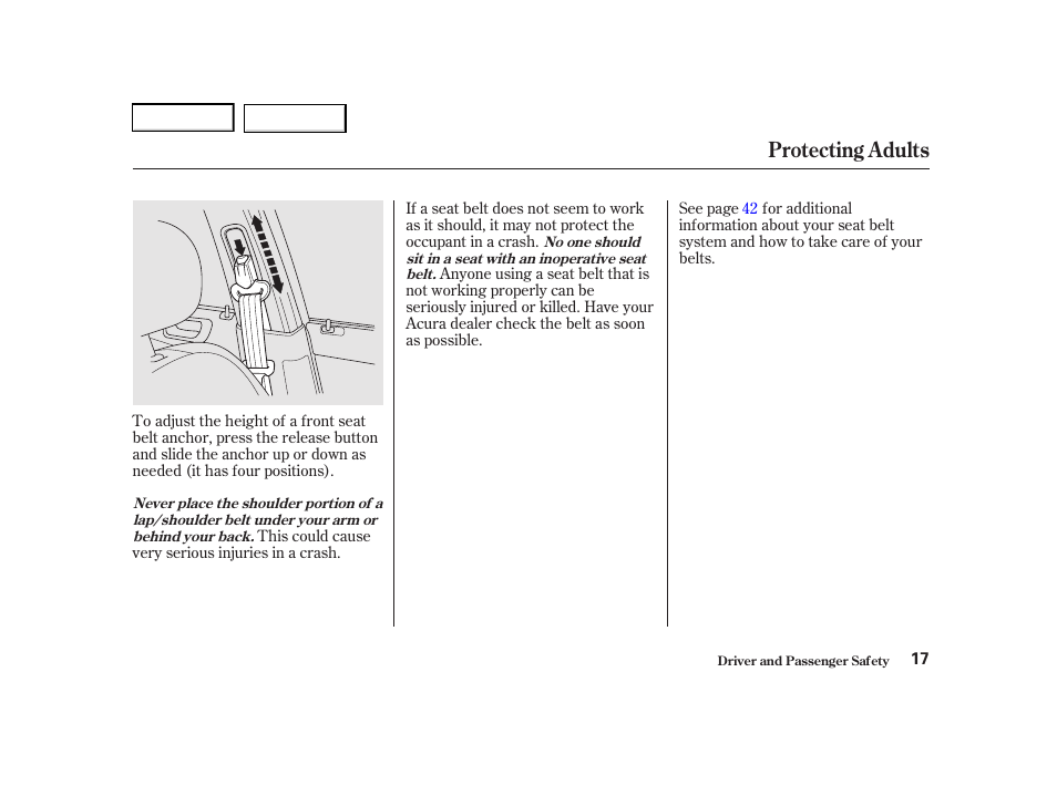 Protecting adults | Acura 2001 TL - Owner's Manual User Manual | Page 20 / 319