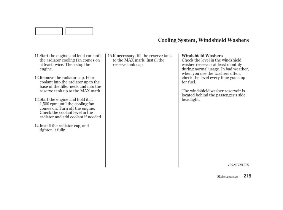 Cooling system, windshield washers | Acura 2001 TL - Owner's Manual User Manual | Page 218 / 319