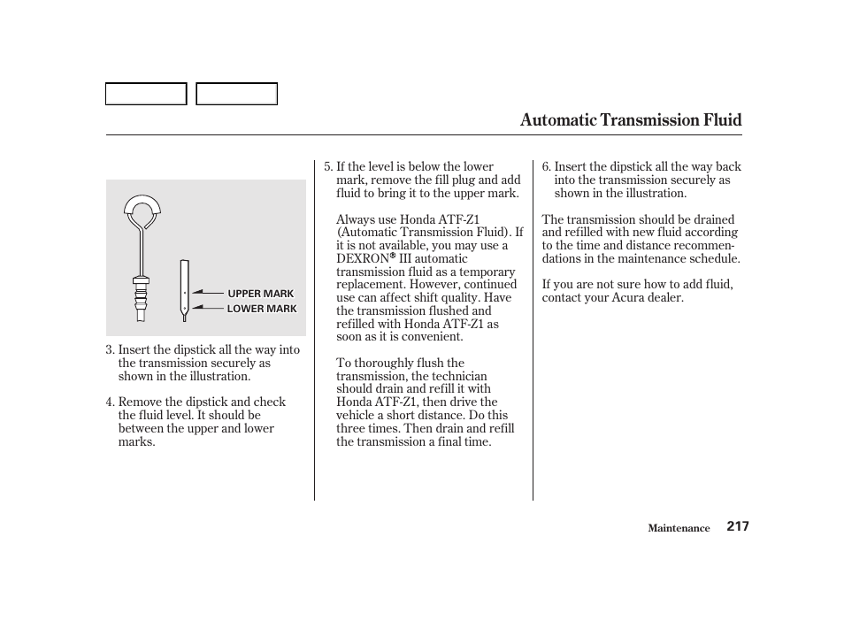 Automatic transmission fluid | Acura 2001 TL - Owner's Manual User Manual | Page 220 / 319