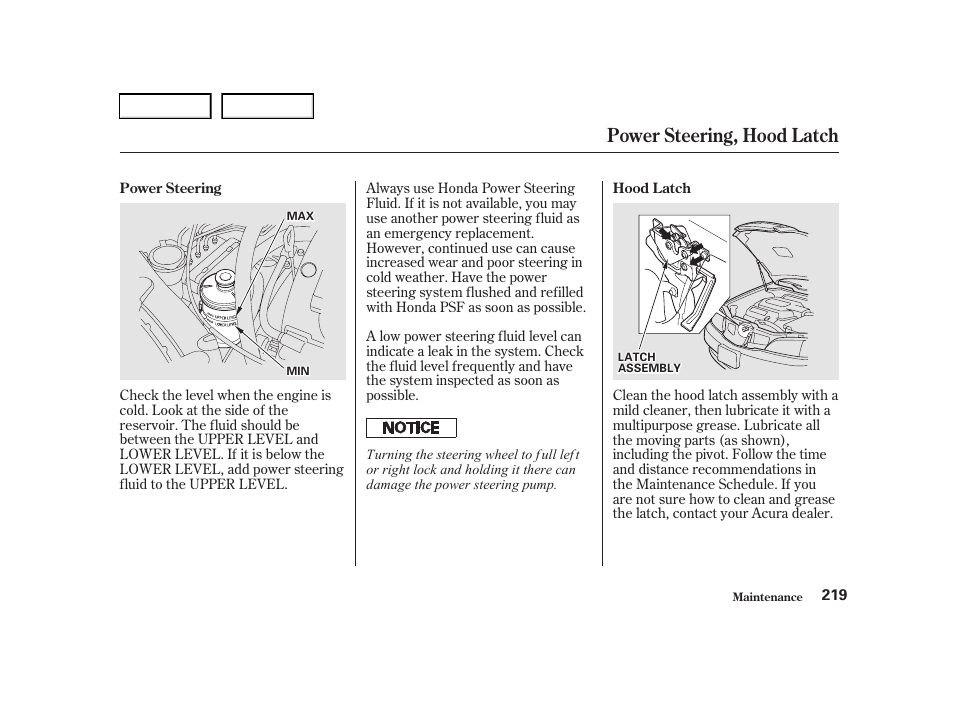 Power steering, hood latch | Acura 2001 TL - Owner's Manual User Manual | Page 222 / 319