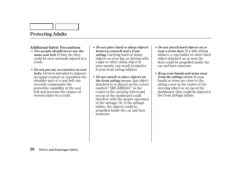 Protecting adults | Acura 2001 TL - Owner's Manual User Manual | Page 23 / 319