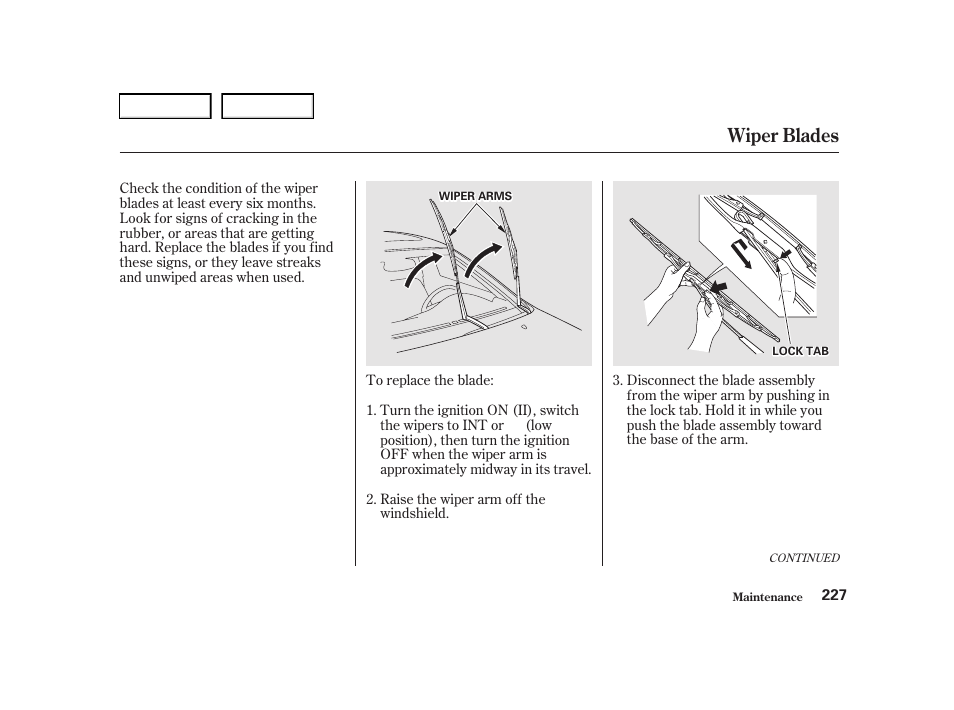 Wiper blades | Acura 2001 TL - Owner's Manual User Manual | Page 230 / 319