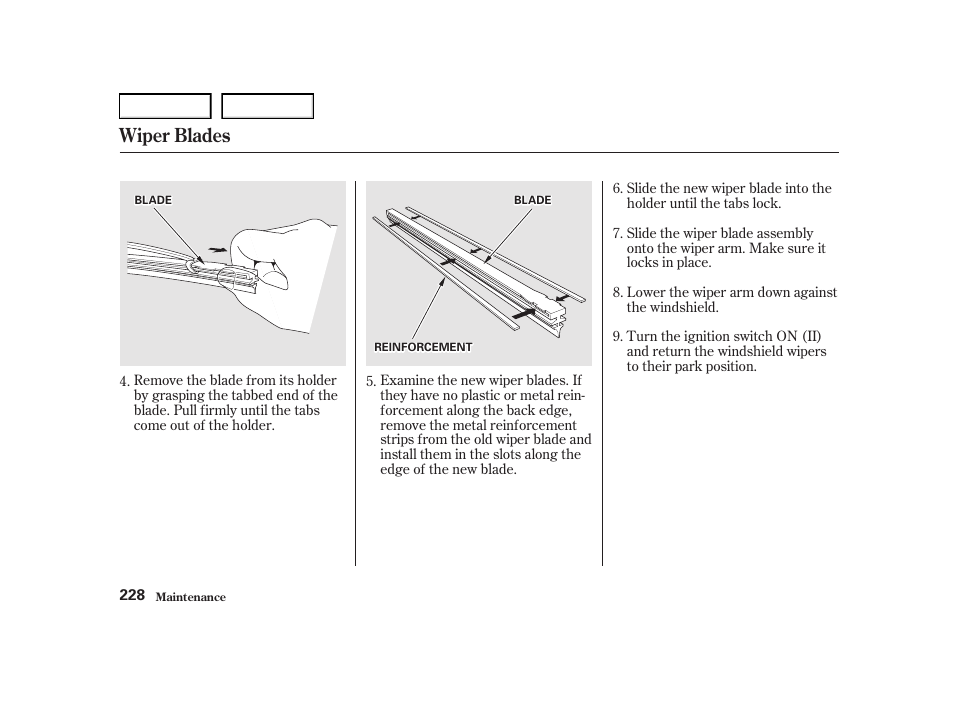 Wiper blades | Acura 2001 TL - Owner's Manual User Manual | Page 231 / 319