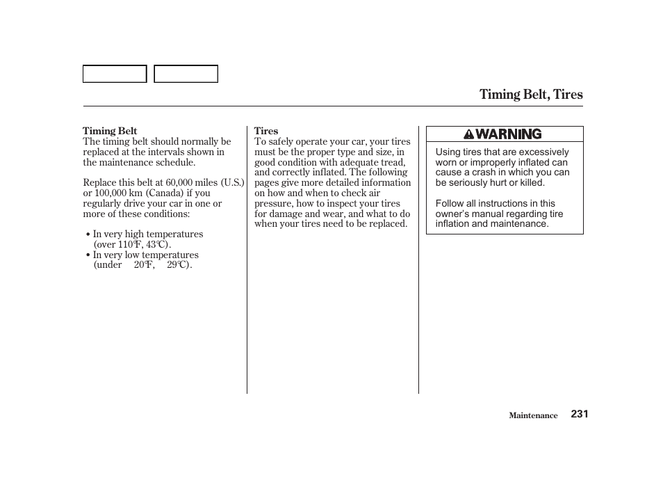 Timing belt, tires | Acura 2001 TL - Owner's Manual User Manual | Page 234 / 319