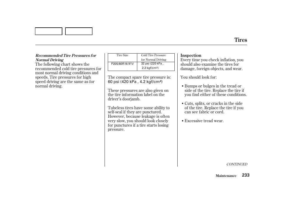 Tires | Acura 2001 TL - Owner's Manual User Manual | Page 236 / 319