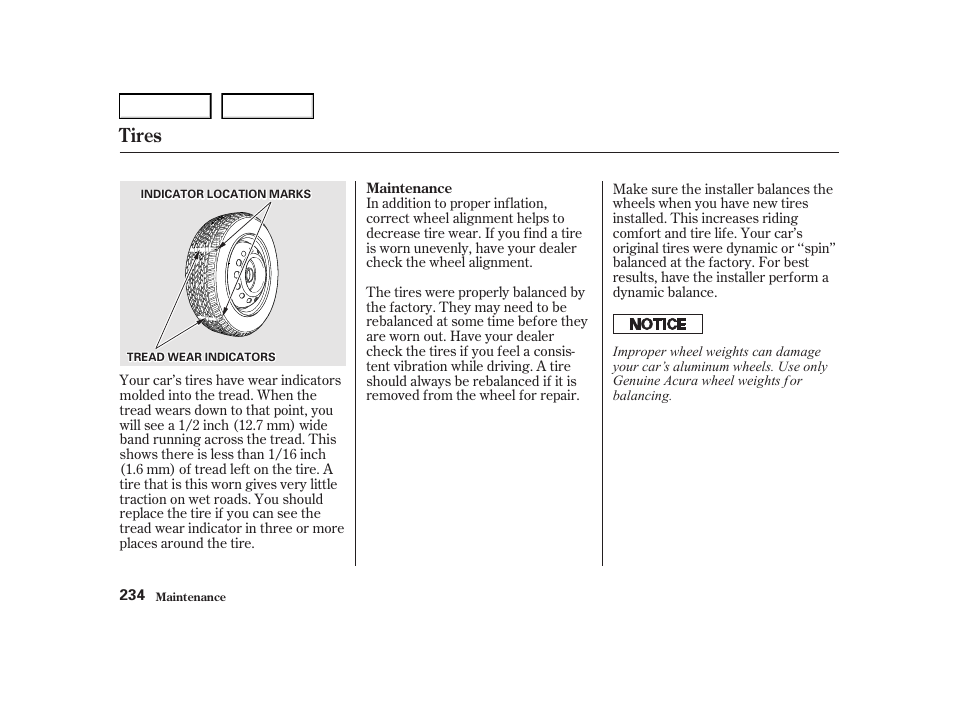 Tires | Acura 2001 TL - Owner's Manual User Manual | Page 237 / 319