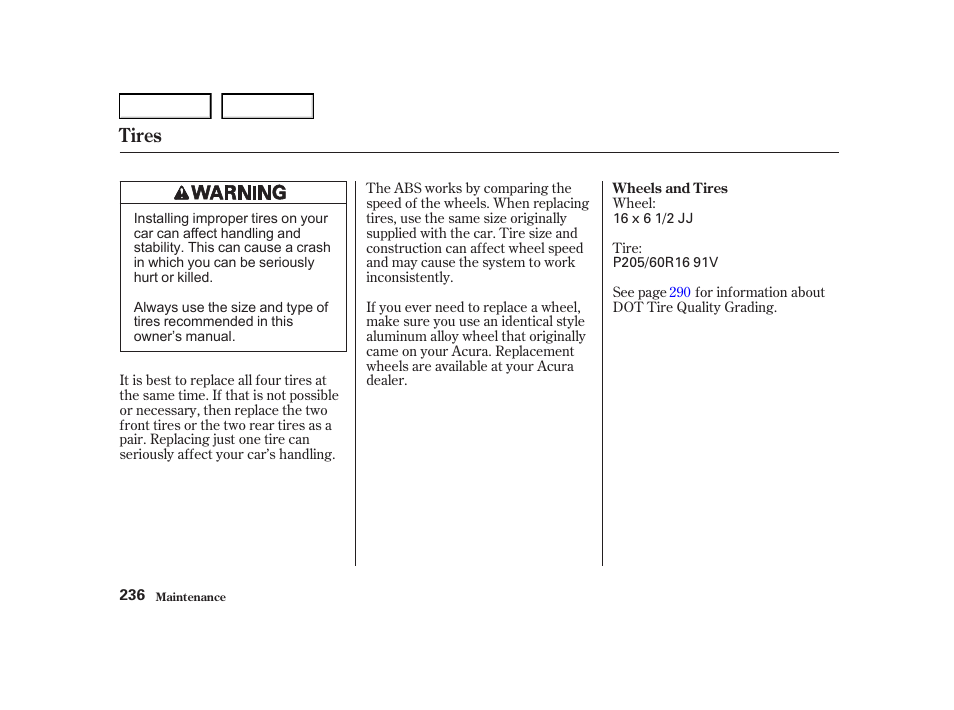 Tires | Acura 2001 TL - Owner's Manual User Manual | Page 239 / 319