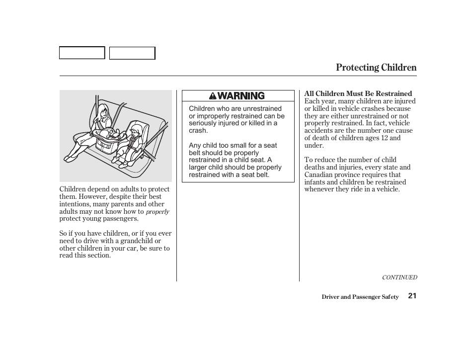 Protecting children | Acura 2001 TL - Owner's Manual User Manual | Page 24 / 319