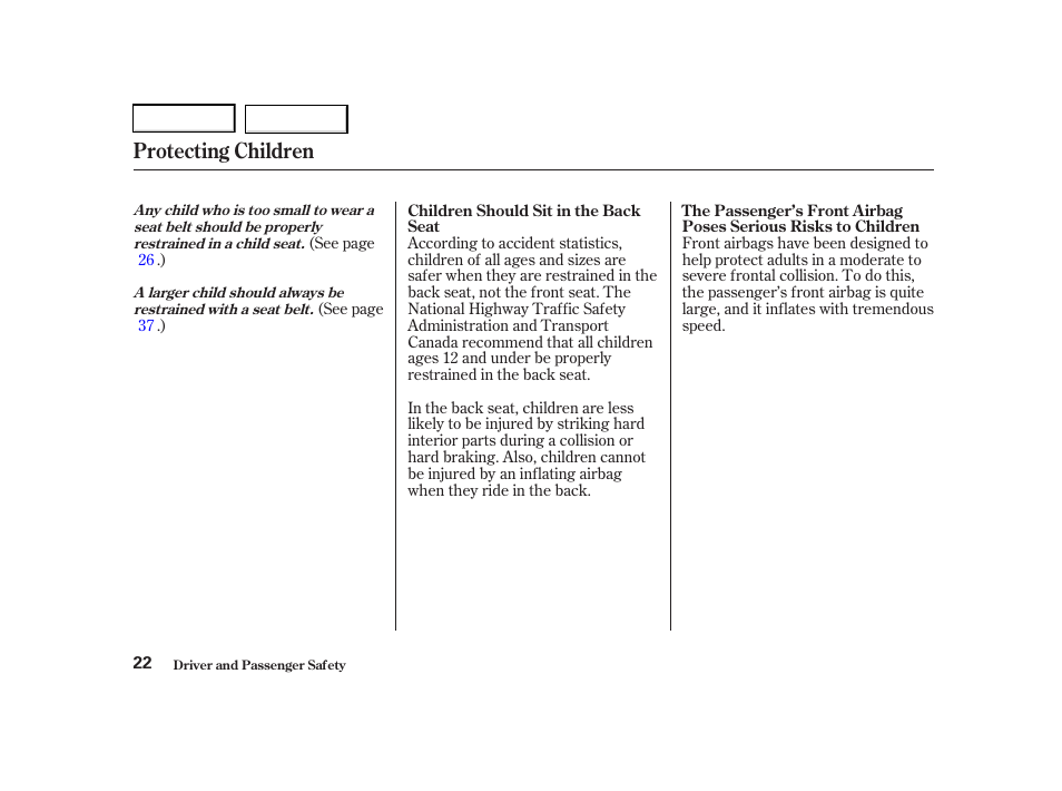 Protecting children | Acura 2001 TL - Owner's Manual User Manual | Page 25 / 319