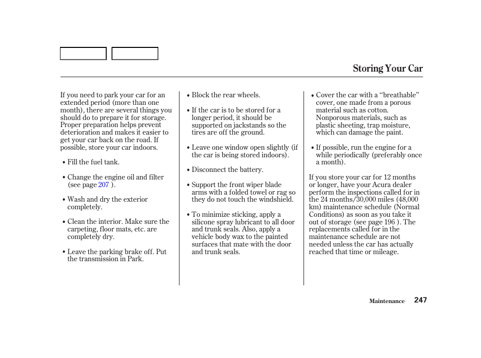 Storing your car | Acura 2001 TL - Owner's Manual User Manual | Page 250 / 319