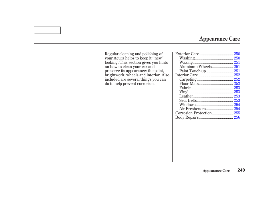 Appearance care | Acura 2001 TL - Owner's Manual User Manual | Page 252 / 319