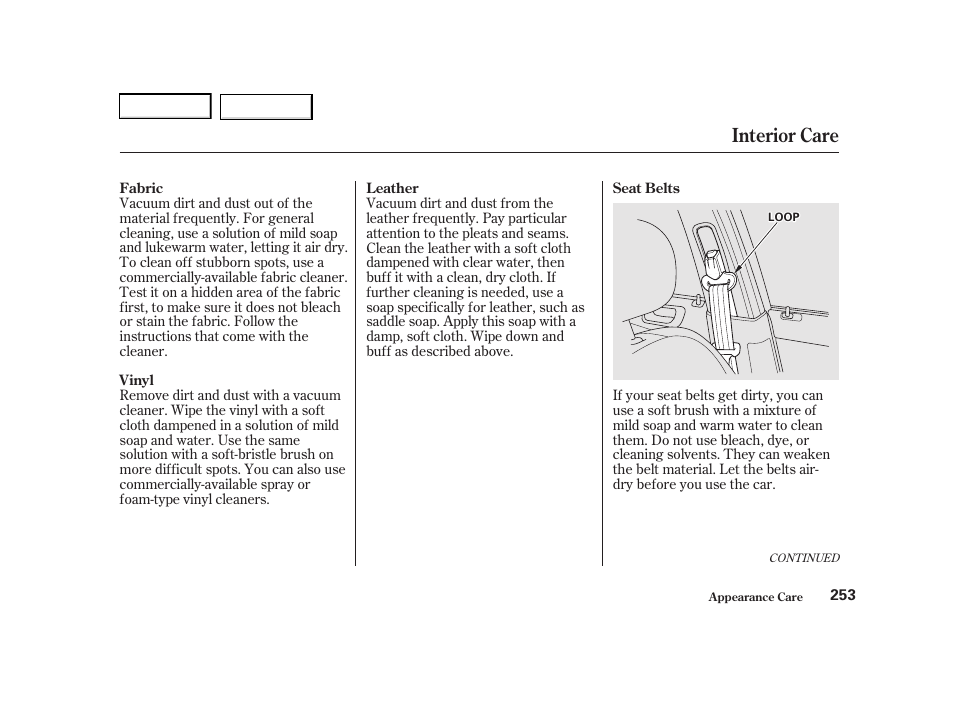 Interior care | Acura 2001 TL - Owner's Manual User Manual | Page 256 / 319