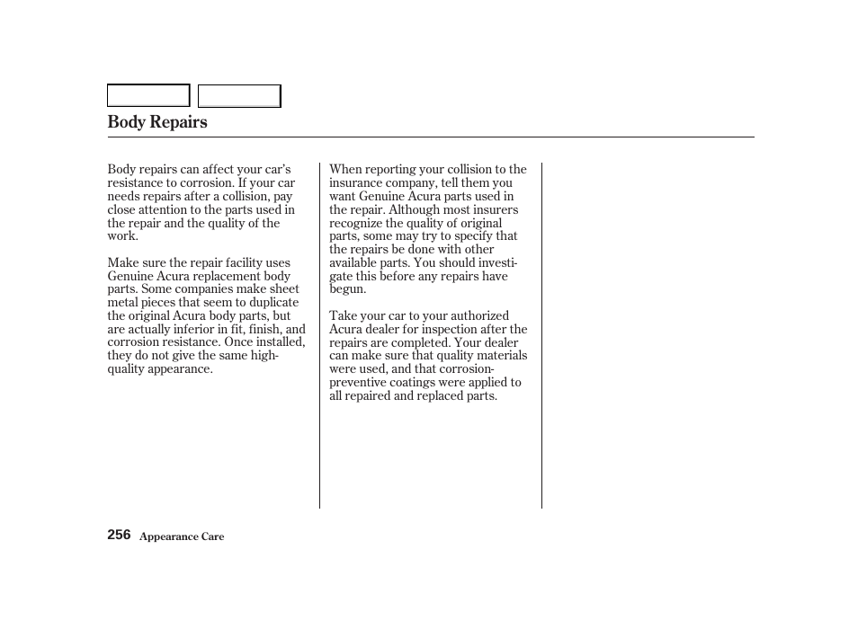 Body repairs | Acura 2001 TL - Owner's Manual User Manual | Page 259 / 319