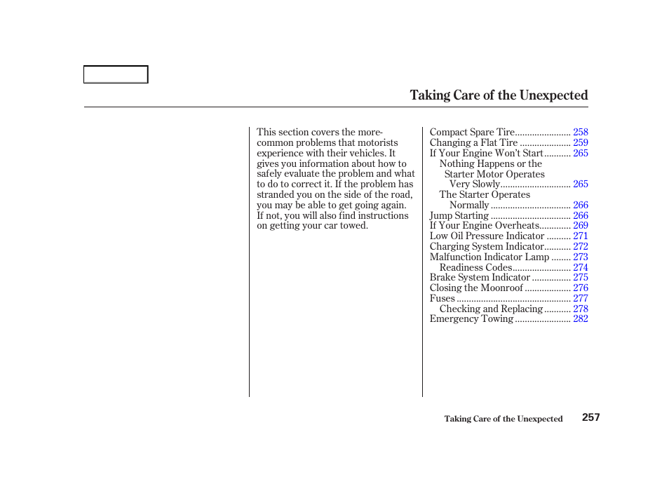 Taking care of the unexpected | Acura 2001 TL - Owner's Manual User Manual | Page 260 / 319