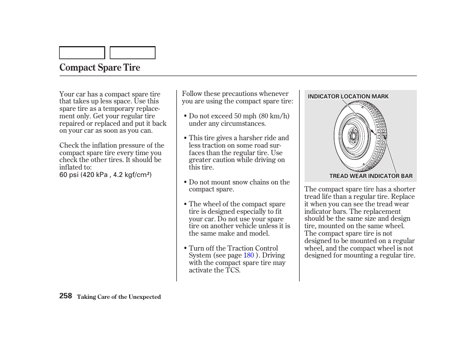 Compact spare tire | Acura 2001 TL - Owner's Manual User Manual | Page 261 / 319